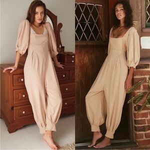 FREE PEOPLE Lotta Love Rose Pearl Balloon Sleeve Cotton Jersey Jumpsuit